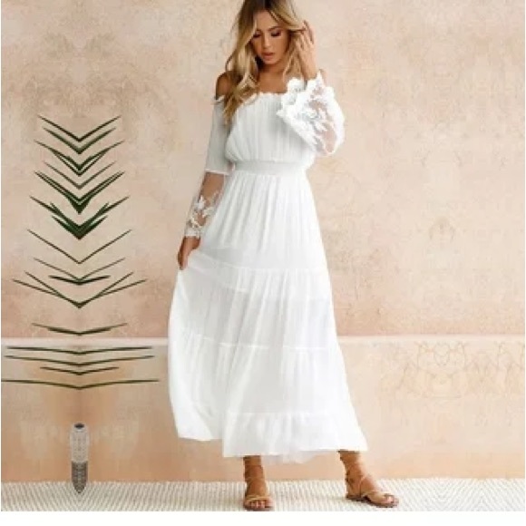 Women white boho off shoulder maxi dress photoshoot - Picture 8 of 10